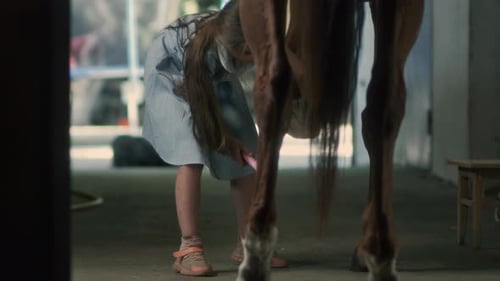 Chica limpiando pezuñas de caballo en granero