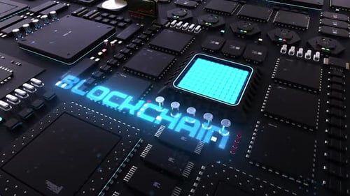 Blockchain-Header auf dem Hintergrund eines Chips mit vielen Prozessen.