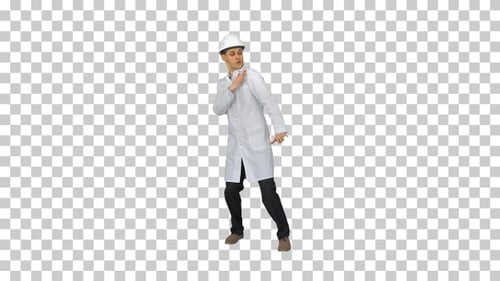 Funny Scientinst in White Robe and Safety Helmet Dancing Alpha