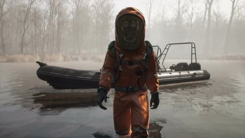 Person in Hazmat Suit Wading Through Polluted Water Scene