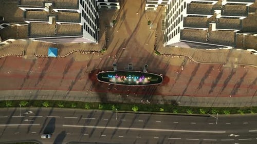 Top View of the City Fountain in the New District of Minsk Mayak Hot Summer and Vacationing People