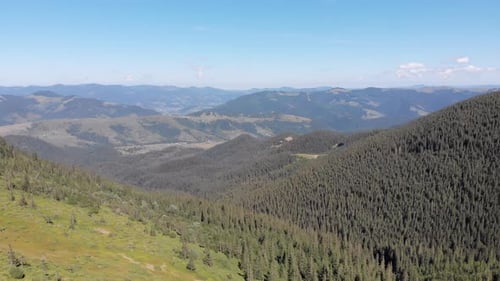 Aerial Panoramic View of Green Mountain Range and Hills in Valley of Carpathian