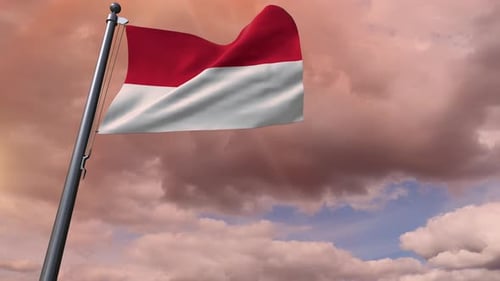 Waving Red and White Flag Animation Under Cloudy Sky