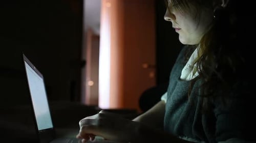 Woman Works on Laptop at Night Indoors
