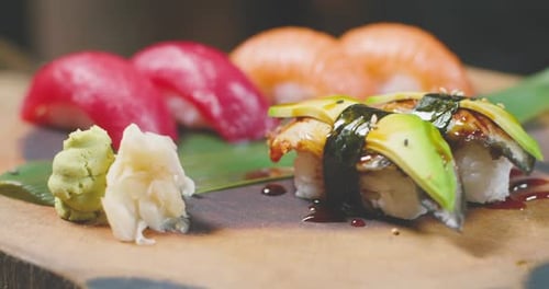 Sushi with sesame and soy sauce