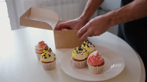 Confectioner Puts Cupcakes in a Box Beautiful and Delicious Food Cooking and Baking in the Kitchen
