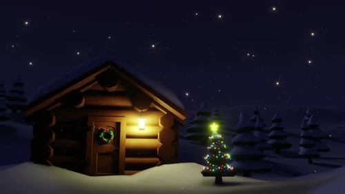 Peaceful Winter Night Scene with Christmas Cabin and Snowfall Animation
