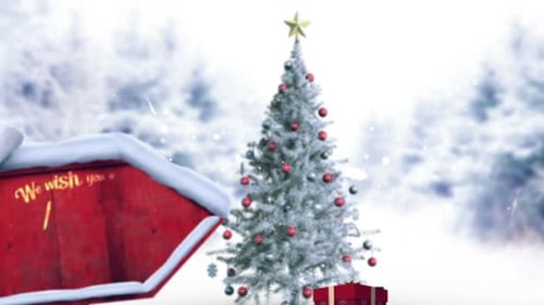 Christmas Tree and Holiday Sign in Winter Snow Scene