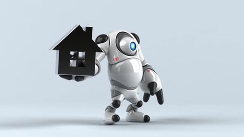 3D Robot Character Walking with House Icon