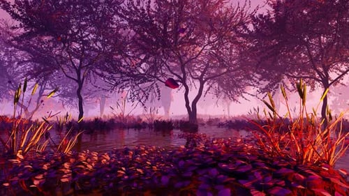 Dreamy Purple Forest with Falling Red Leaves
