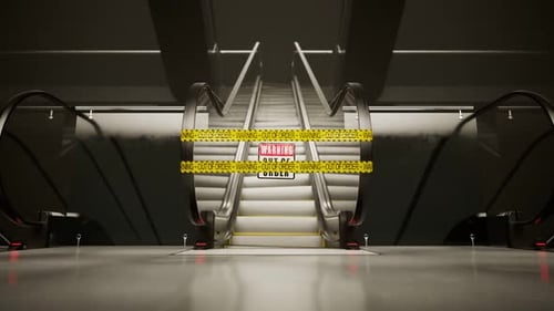 Broken escalator with caution yellow tape. Camera zooming in on a warning sign.
