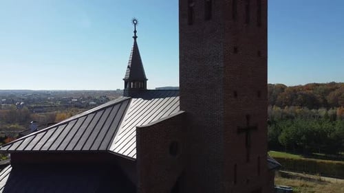 Aerial drone view of a flying over the catholic church.