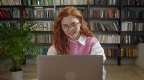 Attractive Student Woman Using Laptop Search Information Internet Course Study Online e Learning in