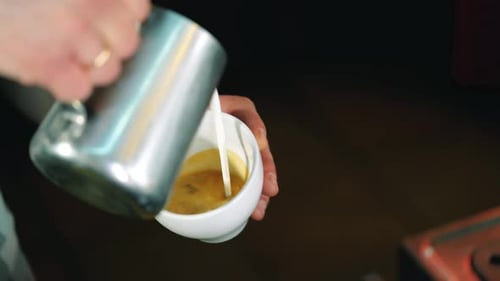 Barista Pouring Milk Making Latte Art Coffee