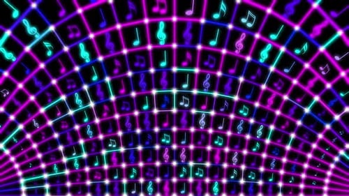 Neon Grid with Glowing Music Notes Loop Background