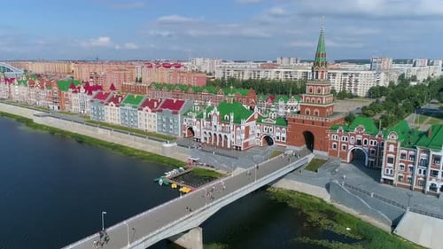 A popular tourist spot from a bird's eye view. The embankment of a cosy town