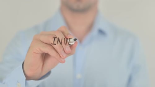 Investment Business, Man Writing on Transparent Glass Screen