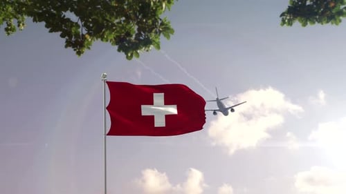 Swiss Flag Waving with Airplane Flying Over City Skyline