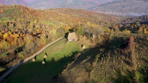 Flying Above Colorful Autumn Countryside Forest in the Mountain