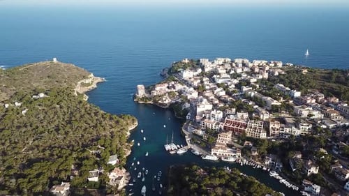 Aerial: The bay of Cala Figuera in Mallorca, Spain