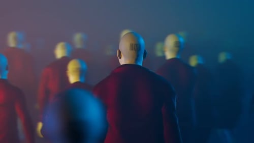 Surveillance Dystopia: Barcode Head Figures Walking in Dark Scene