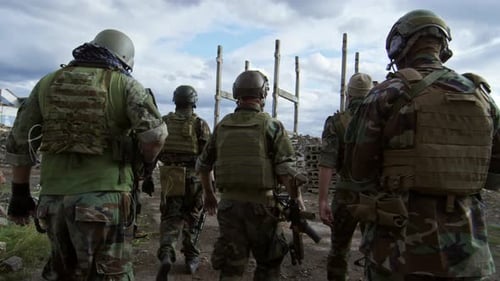 Rückansicht einer Gruppe von Soldaten, die zusammen gehen