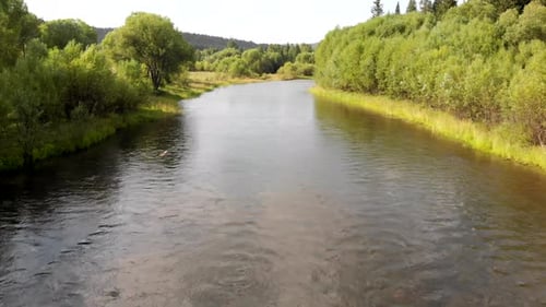 Aerial Flying of Drone Over Mountain River, Field, Forest and Path