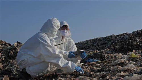Scientists Examining Garbage Landfill Wearing Protective Suits