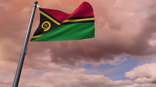 Vanuatu National Flag Waving in Realistic Cloudy Sky