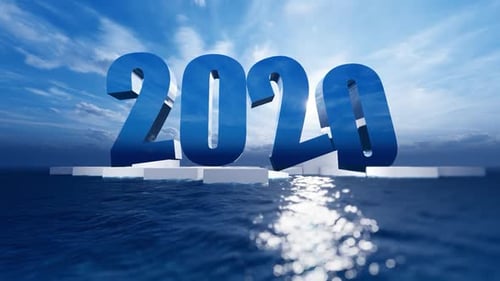 Frohes neues Jahr 2020 Schweben Sie mit hellem Licht über dem blauen Ozean 2