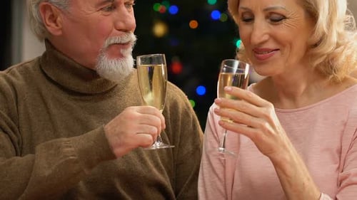 Loving Senior Couple Celebrate Christmas With Champagne