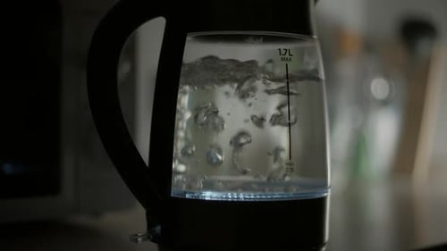 Water Boiling in Clear Electric Kettle in Kitchen