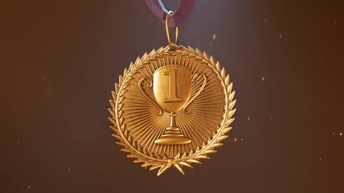 Animated Gold Winner Medal with Trophy and Laurel Wreath