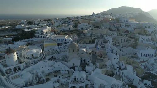 Aerial View Flying Over City of Oia on Santorini Greece