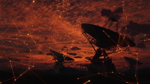 Futuristic Satellite Dishes with Glowing Digital Network