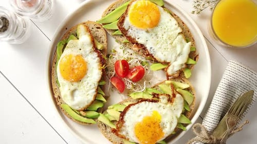 Avocado toast with egg overhead shot