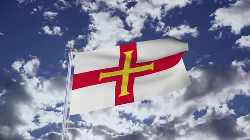 Realistic Guernsey Flag Waving in Blue Sky
