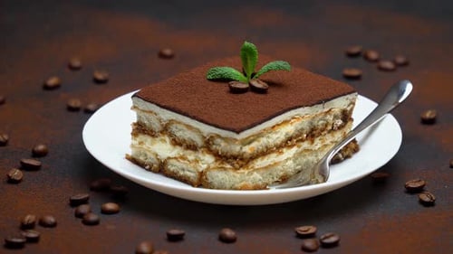 Appetizing Tiramisu Cake with Coffee Beans and Mint