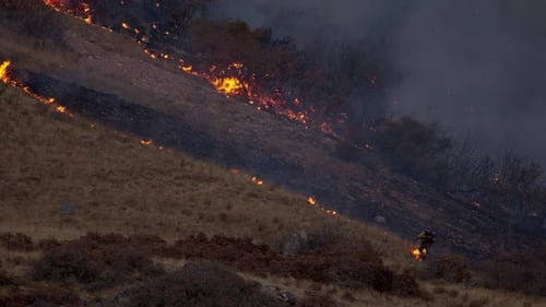 Firefighter working his way up the mountain watching wildfire burn