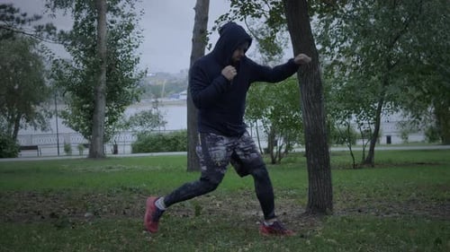 Focused Young Adult Boxing in an Urban Park