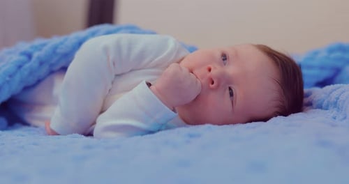 Close Up of Resting Infant on Blue Blanket