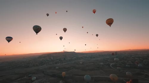 Spectacular Hot Air Balloons at Sunrise Over Rural Landscape