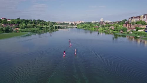 Pretty Women Paddle on Sup Board at River During Sunrise
