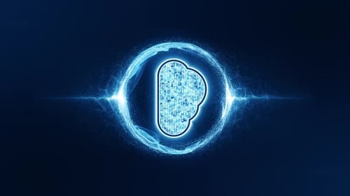 Blue digital cloud conputing storage futuristic technology icon with blue energy particles ball