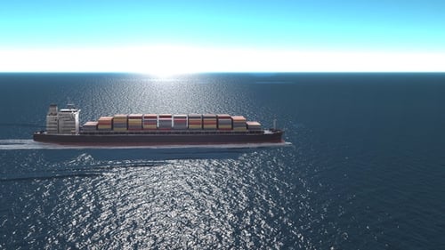 Navire de marchandises avec conteneurs en pleine mer bleue - Vue aérienne