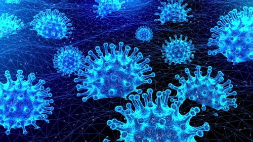 Animated Blue Virus Cells in Futuristic Digital Environment