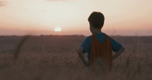 Young boy wearing a superhero cape stands in a golden wheat field looking into the sunset