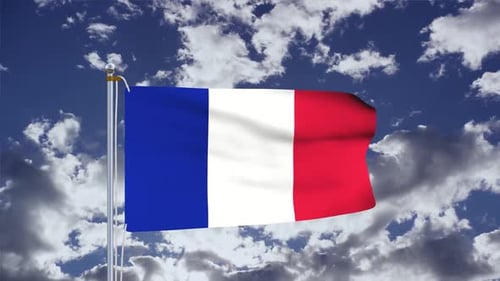 French Flag Waving Against Blue Sky with Moving Clouds