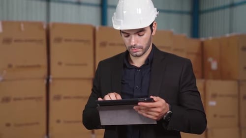 Werksleiter verwendet Tablet-Computer im Lager oder in der Fabrik