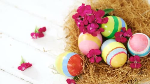 Bright Striped Easter Eggs with Pink Flowers